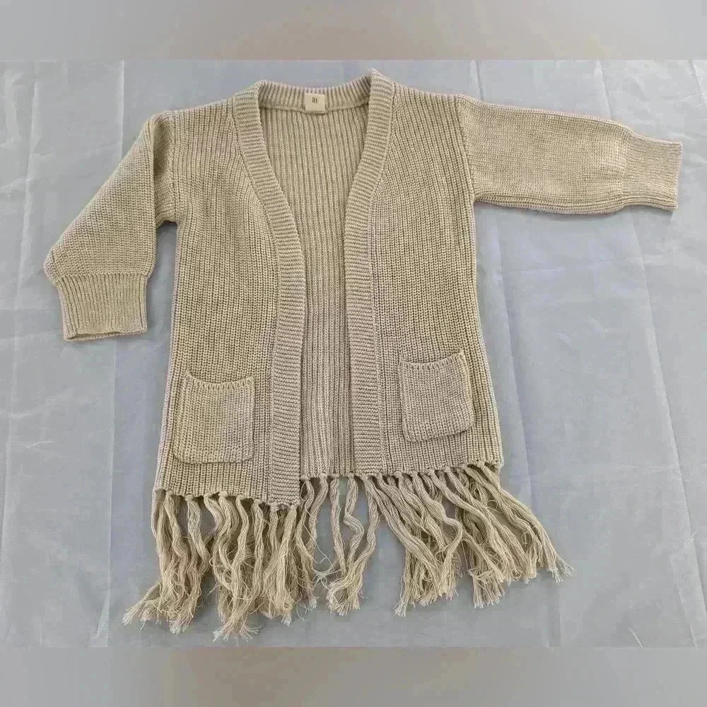 Beige Little Girls Size 3T Open Front Long Sleeve Cardigan